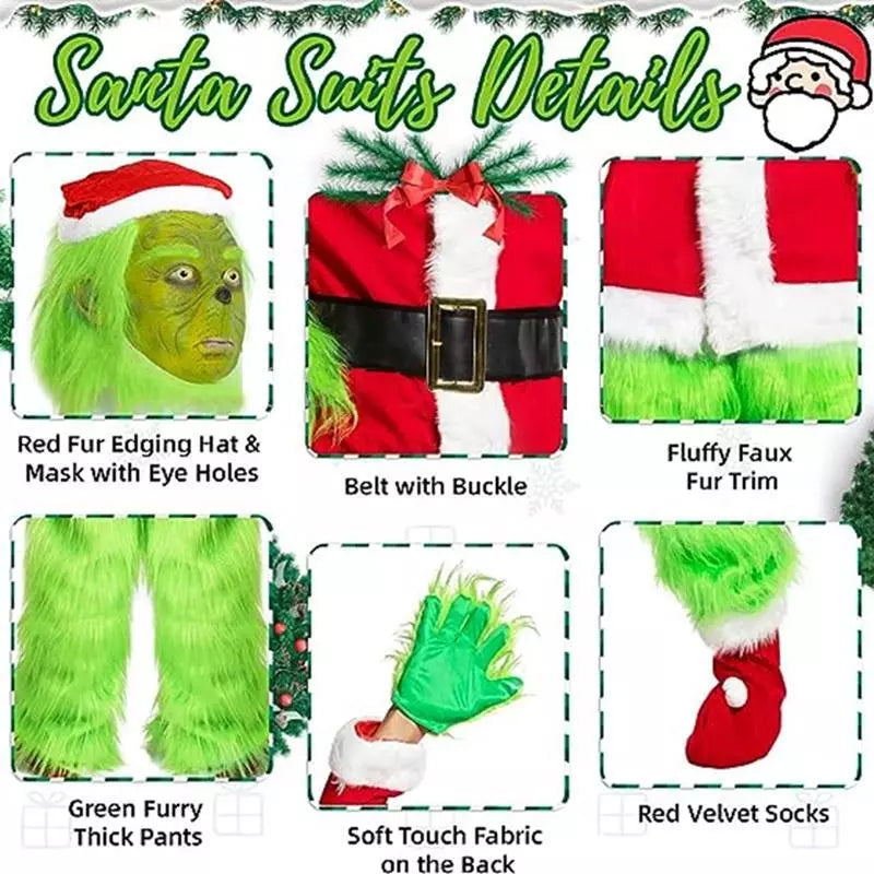 The Grinch Costume Mask Cosplay Adult Christmas Santa Fancy Dress Outfit Xmas