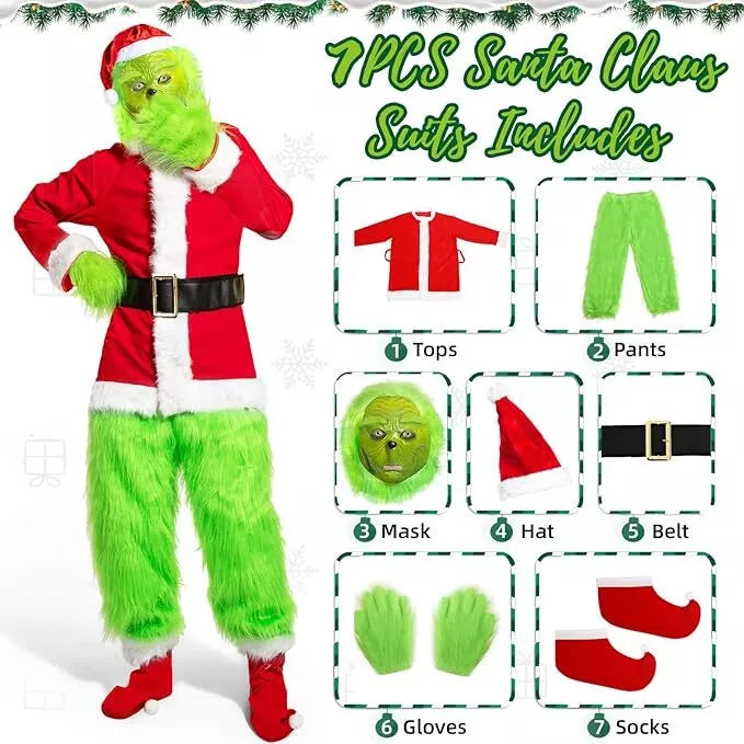 The Grinch Costume Mask Cosplay Adult Christmas Santa Fancy Dress Outfit Xmas