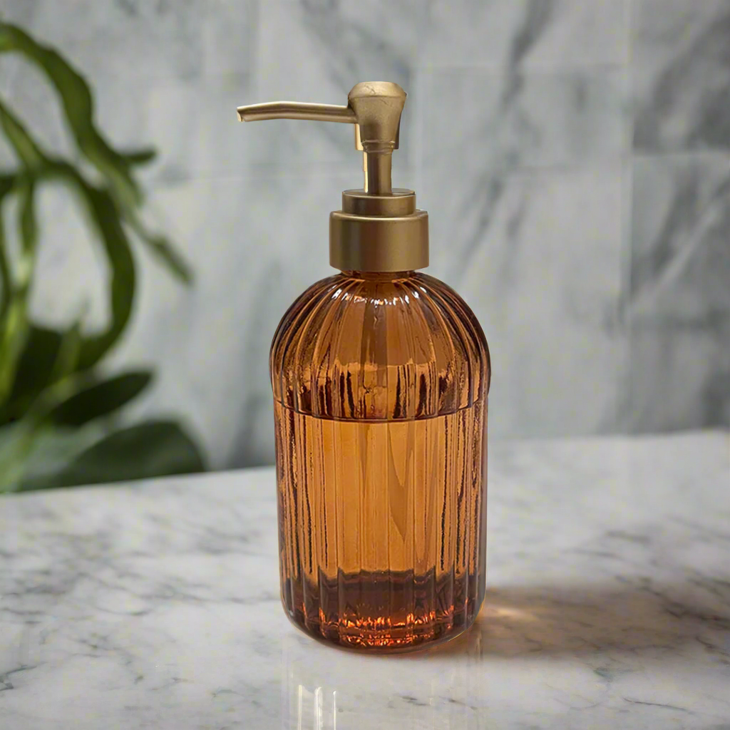 Amber Glass Soap Dispenser with Gold Pump