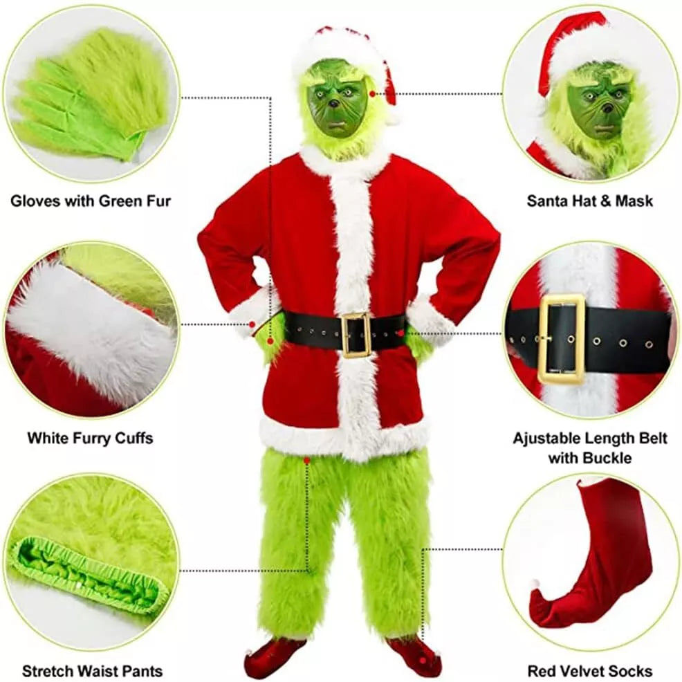 The Grinch Costume Mask Cosplay Adult Christmas Santa Fancy Dress Outfit Xmas