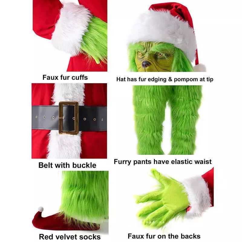 The Grinch Costume Mask Cosplay Adult Christmas Santa Fancy Dress Outfit Xmas